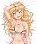  1girl :d arm_up armpits bangle bangs bare_arms bare_shoulders bed_sheet bikini blonde_hair blue_eyes blue_shorts blush bracelet breasts buckle cleavage dakimakura earrings erect_nipples eyebrows_visible_through_hair from_above front-tie_bikini front-tie_top hand_on_own_head highres idolmaster idolmaster_cinderella_girls jewelry long_hair looking_at_viewer lying medium_breasts multicolored multicolored_bikini multicolored_clothes nail_polish navel necklace nigou on_back ootsuki_yui open_fly open_mouth pink_nails ribbon shorts side-tie_bikini smile solo star stomach swimsuit wavy_hair white_ribbon 