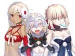  3girls artoria_pendragon_(all) besmiled black_bra black_gloves bow bra breasts character_request cleavage closed_eyes collarbone dark_skin double_v elbow_gloves eyebrows_visible_through_hair fate/grand_order fate_(series) food fur_trim gloves hair_between_eyes hair_bow highres ice_cream jeanne_d&#039;arc_(fate)_(all) jeanne_d&#039;arc_alter_santa_lily locked_arms looking_at_viewer midriff mouth_hold multiple_girls navel open_mouth red_bra red_gloves saber_alter short_hair_with_long_locks sidelocks silver_hair small_breasts smile stomach strapless striped striped_bow under_boob underwear upper_body v veil white_background wrist_cuffs yellow_eyes 