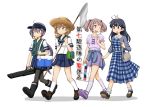  4girls ;d ahoge akebono_(kantai_collection) alternate_costume bag bell black_footwear black_hair black_legwear blue_dress blue_eyes blue_ribbon blue_skirt blush boots breast_pocket brown_eyes brown_footwear brown_hair brown_hat butterfly_net casual checkered checkered_dress closed_mouth clothes_around_waist collarbone crab cropped_jacket dress frilled_dress frills full_body grey_jacket grey_legwear hair_bell hair_between_eyes hair_bobbles hair_ornament hand_net handbag hat holding_bag jacket jingle_bell kantai_collection knee_boots kneehighs long_hair long_sleeves looking_to_the_side mary_janes medium_skirt multiple_girls oboro_(taimanin_asagi) one_eye_closed open_mouth over_shoulder pantyhose pink_eyes pink_hair pink_legwear pink_shirt pocket puffy_short_sleeves puffy_sleeves purple_footwear purple_hair purple_shorts rabbit ribbon rubber_boots satsuki_inari sazanami_(kantai_collection) school_uniform serafuku shirt shoes short_sleeves shorts shoulder_bag side_ponytail simple_background skirt smile socks straw_hat translation_request twintails ushio_(kantai_collection) very_long_hair violet_eyes visor_cap walking white_background white_legwear white_shirt 