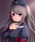  armband between_fingers commentary_request eyebrows_visible_through_hair grey_hair hat highres jacket long_hair long_sleeves looking) looking_at_viewer neit_ni_sei nurse_cap open_mouth original red_eyes solo star_(sky) syringe twintails upper_body virtual_youtuber 