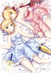  2girls absurdres artoria_pendragon_(all) blonde_hair blue_dress blue_ribbon breasts cleavage dakimakura dress excalibur fate/extra fate/grand_order fate/stay_night fate_(series) frilled_dress frills from_above green_eyes hair_ribbon hand_holding highres ichiren_namiro looking_at_viewer lying medium_breasts multiple_girls nero_claudius_(fate) nero_claudius_(fate)_(all) on_back parted_lips pink_dress pink_ribbon red_ribbon ribbon saber scabbard sheath short_dress short_hair_with_long_locks sidelocks sleeveless sleeveless_dress small_breasts smile strapless strapless_dress wrist_ribbon 