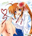  1girl :d ahoge bow breasts brown_hair cleavage confetti dasuto dated hair_bow heart_ribbon long_hair looking_at_viewer lyrical_nanoha open_mouth pencil_skirt red_bow side_ponytail skirt smile solo takamachi_nanoha twitter_username very_long_hair 