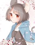  1girl abe_suke animal_ears bangs brown_eyes brown_hair capelet closed_mouth eyebrows_visible_through_hair jewelry looking_at_viewer mouse_ears mouse_tail nazrin necklace petals short_hair solo tail touhou upper_body 