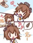  1girl :3 :d ?? bangs blush brown_hair chibi commentary_request dress eyebrows_visible_through_hair finger_to_mouth hair_between_eyes heart index_finger_raised kantai_collection komakoma_(magicaltale) long_sleeves musical_note neckerchief open_mouth out_of_frame outstretched_arms quaver sailor_dress seed smile speaking_tube_headset sunflower_seed white_dress yellow_neckwear yukikaze_(kantai_collection) ||_|| 