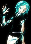  androgynous aqua_eyes aqua_hair aqua_nails black_background black_neckwear black_shorts broken crystal_hair gem_uniform_(houseki_no_kuni) houseki_no_kuni nail_polish necktie phosphophyllite shards short_hair shorts simple_background solo uganda 