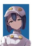  1girl aether_foundation_employee aether_foundation_uniform black_hair blue_background bright_pupils brown_eyes closed_mouth expressionless flat_cap hat head_tilt hesumi highres looking_at_viewer pokemon short_hair solo tsurime upper_body white_hat 