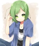  1girl abe_suke alternate_costume antennae arm_up bangs closed_mouth commentary_request eyebrows_visible_through_hair green_eyes green_hair hood hoodie looking_at_viewer open_clothes open_hoodie shirt short_hair short_sleeves solo striped striped_shirt touhou wriggle_nightbug 