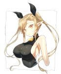  1girl bare_shoulders bell blonde_hair blush breasts character_request copyright_request erect_nipples hair_ribbon kasuka_(kusuki) large_breasts long_hair looking_at_viewer orange_eyes pointy_ears ribbon sideboob sleeveless slit_pupils solo sweatdrop 