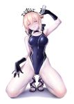  1girl artoria_pendragon_(all) bare_legs black_gloves black_nails blonde_hair blue_ribbon bottle breasts choker commentary_request competition_swimsuit covered_navel fate/grand_order fate_(series) full_body gloves gluteal_fold hair_between_eyes hair_ribbon hand_up head_tilt high_heels highleg highleg_swimsuit highres holding looking_at_viewer lotion medium_breasts nail_polish one-piece_swimsuit ribbon saber_alter sandals simple_background smile solo swimsuit tiara toenail_polish ulrich_(tagaragakuin) white_background yellow_eyes 