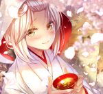  1girl alcohol blush cup fate/grand_order fate_(series) hood japanese_clothes kimono looking_at_viewer mia_(gute-nacht-07) okita_souji_(fate) petals pink_hair sakazuki sake short_hair smile solo uchikake 