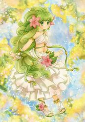  1girl anklet armlet blush breasts chikorita85 flower full_body green_eyes green_hair hair_flower hair_ornament jewelry long_hair long_skirt looking_at_viewer multicolored multicolored_background personification pokemon pokemon_(game) pokemon_dppt shaymin skirt small_breasts smile solo white_skirt 