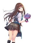  1girl apron blush brown_hair eyebrows_visible_through_hair fingerless_gloves florist flower gloves green_eyes hhama highres idolmaster idolmaster_cinderella_girls long_hair looking_at_viewer pleated_skirt school_uniform shibuya_rin simple_background skirt solo white_background 