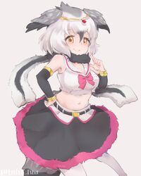  1girl artist_name belt bow bowtie breasts cleavage feathered_wings fur_trim greater_rhea_(kemono_friends) grey_background grey_hair kemono_friends midriff miniskirt multicolored_hair navel orange_eyes pantyhose scarf simple_background skirt solo tatsuno_newo tiara two-tone_hair white_hair wings 