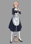  1girl absurdres alternate_costume apron asymmetrical_hair blonde_hair blue_eyes breasts dress enmaided grey_background high_heels highres kv--_(310255704) lips long_dress long_sleeves looking_at_viewer maid maid_headdress medium_breasts mercy_(overwatch) mop overwatch pantyhose smile solo updo waist_apron white_legwear 