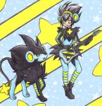  1girl animal_ears black_hair blue_legwear breasts chikorita85 electric_guitar eye_contact fake_animal_ears gloves green_eyes guitar instrument long_sleeves looking_at_another luxray personification pokemon pokemon_(creature) pokemon_(game) pokemon_dppt shoes small_breasts smile standing star starry_background striped striped_legwear traditional_media 