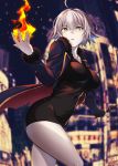 1girl ahoge black_dress breasts coat dress embers fate/grand_order fate_(series) fire fireball full-length_zipper fur-trimmed_coat fur_trim holding holding_sword holding_weapon jeanne_d&#039;arc_(alter)_(fate) jeanne_d&#039;arc_(fate)_(all) large_breasts long_sleeves looking_at_viewer magic murio open_mouth parted_lips shiny shiny_hair short_dress short_hair silver_hair solo sword weapon wicked_dragon_witch_ver._shinjuku_1999 yellow_eyes zipper 