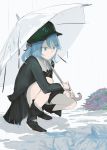  1girl alternate_costume blue_eyes blue_hair boots coat hat holding holding_umbrella kawashiro_nitori long_sleeves medium_hair ne_kuro open_clothes open_coat outdoors short_twintails solo touhou twintails umbrella 