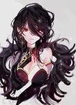  1girl annlin ara_han black_hair breasts choker cleavage detached_sleeves elsword grey_background hair_between_eyes highres large_breasts long_hair looking_at_viewer parted_lips red_eyes red_ribbon ribbon sketch solo upper_body very_long_hair 