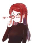  1girl :o adjusting_eyewear bespectacled breasts brown_sweater character_name deadnooodles glasses hair_ornament hairclip long_hair long_sleeves looking_at_viewer love_live! love_live!_sunshine!! nail_polish open_mouth red-framed_eyewear red_nails redhead sakurauchi_riko shiny shiny_hair simple_background small_breasts solo sweater upper_body white_background yellow_eyes 