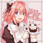  &gt;_o 1boy :d alternate_costume apron astolfo_(fate) black_bow blush bow bowtie braid djchanmio enmaided eyebrows_visible_through_hair fate/apocrypha fate_(series) hair_between_eyes hair_bow happy_valentine heart highres holding holding_plate index_finger_raised juliet_sleeves long_hair long_sleeves looking_at_viewer maid maid_headdress male_focus one_eye_closed open_mouth pink_hair plate poking puffy_sleeves rabbit shiny shiny_hair single_braid smile solo trap very_long_hair violet_eyes white_apron white_bow white_neckwear 