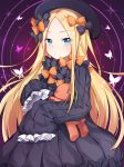  1girl abigail_williams_(fate/grand_order) black_bow black_dress blonde_hair blue_eyes bow butterfly caramell0501 closed_mouth commentary_request cowboy_shot dress fate/grand_order fate_(series) forehead frills hat holding holding_stuffed_animal long_hair long_sleeves looking_at_viewer orange_bow purple_background sleeves_past_wrists solo standing stuffed_animal stuffed_toy teddy_bear very_long_hair 