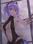  1girl :o breasts center_opening dark_skin fate/grand_order fate/prototype fate/prototype:_fragments_of_blue_and_silver fate_(series) flower hairband hassan_of_serenity_(fate) knife looking_at_viewer medium_breasts purple_hair reuri_(tjux4555) short_hair solo throwing_knife violet_eyes weapon 