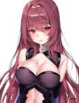  1girl artist_name bare_shoulders black_gloves blush breasts chungu cleavage cleavage_cutout collar cosplay elbow_gloves fate/grand_order fate_(series) gloves large_breasts lips long_hair looking_at_viewer mash_kyrielight mash_kyrielight_(cosplay) navel_cutout purple_hair red_eyes scathach_(fate/grand_order) shiny shiny_skin solo transparent_background upper_body very_long_hair 