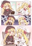  &gt;_&lt; 2girls 4koma asymmetrical_clothes baku_ph black_capelet black_dress blonde_hair blush cake capelet chair closed_eyes comic dress eating fairy_wings feeding food fork hat heart highres holding lily_black lily_white long_hair multiple_girls offering open_mouth outstretched_arms plate red_eyes saliva shaded_face silent_comic sitting smile spoken_blush spoken_heart table tears touhou white_capelet white_dress wings 