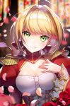  1girl ahoge blonde_hair breasts cleavage closed_mouth commentary_request epaulettes fate/extra fate_(series) green_eyes hair_ribbon light_smile looking_at_viewer medium_breasts nero_claudius_(fate) nero_claudius_(fate)_(all) petals red_ribbon ribbon riri_(artist) short_hair smile solo upper_body 