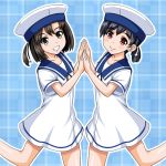  2girls black_eyes black_hair blue_background blue_eyes blue_sailor_collar bob_cut commentary_request cowboy_shot daitou_(kantai_collection) dress grin hands_together hat hiburi_(kantai_collection) kantai_collection looking_at_viewer low_ponytail multiple_girls plaid plaid_background ponytail red_eyes sailor_collar sailor_dress sailor_hat short_hair smile standing standing_on_one_leg tk8d32 white_dress white_hat 