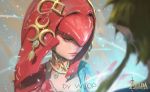  1boy 1girl downcast_eyes eyelashes fish_girl gorget hair_ornament hair_over_one_eye highres link lips long_hair mipha monster_girl multicolored multicolored_skin no_eyebrows red_skin redhead sad solo_focus the_legend_of_zelda the_legend_of_zelda:_breath_of_the_wild white_skin wlop yellow_eyes zora 