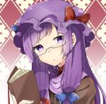  1girl abe_suke argyle argyle_background bangs blue_bow book bow closed_mouth earrings eyebrows_visible_through_hair glasses hat hat_bow holding holding_book jewelry long_hair looking_at_viewer mob_cap patchouli_knowledge purple_hair purple_hat red_bow semi-rimless_eyewear sidelocks solo sparkle touhou under-rim_eyewear upper_body violet_eyes 