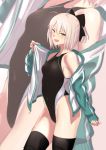  1girl :d absurdres ahoge black_legwear bow breasts competition_swimsuit contrapposto covered_navel cowboy_shot fate_(series) from_side gradient hair_between_eyes hair_bow highres jacket koha-ace long_sleeves off_shoulder okita_souji_(fate) one-piece_swimsuit open_clothes open_jacket open_mouth open_track_jacket pink_hair short_hair short_ponytail sleeves_past_wrists small_breasts smile solo speech_bubble standing swimsuit thigh-highs track_jacket ulrich_(tagaragakuin) yellow_eyes zoom_layer 