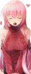  1girl alternate_costume arm_warmers bare_shoulders black_ribbon breasts chocolate closed_eyes commentary_request cowboy_shot daidou_(demitasse) heart highres incoming_kiss large_breasts long_hair megurine_luka meme_attire no_bra pink_hair red_sweater ribbon solo turtleneck virgin_killer_sweater vocaloid 