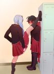  2girls black_hair black_legwear blazer blush cape covered_face embarrassed full_body hand_on_hip hood jacket leg_up leggings locker long_hair long_sleeves multiple_girls pantyhose ruby_rose rwby school_uniform shoes short_hair skirt socks standing standing_on_one_leg tiara udo_(zzinya) weiss_schnee white_hair 