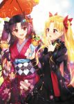  2girls :d :o black_dress black_hair blonde_hair blush demmy dress earrings ereshkigal_(fate/grand_order) fate/grand_order fate_(series) floral_print hair_ribbon highres ice_cream_cone ishtar_(fate/grand_order) japanese_clothes jewelry kimono long_hair multiple_girls open_mouth red_eyes ribbon siblings sisters smile two_side_up umbrella 