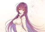  1girl ahoge alternate_costume arms_behind_back breasts closed_mouth fate/grand_order fate_(series) floral_background laurelfalcon long_hair long_sleeves looking_at_viewer medium_breasts purple_hair red_eyes scathach_(fate/grand_order) smile solo straight_hair sweater turtleneck turtleneck_sweater upper_body very_long_hair white_sweater 