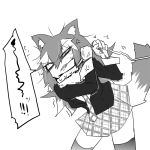  anger_vein angry animal_ears clenched_teeth collar eri_(yangyang_nickbow) eyebrows_visible_through_hair fur_collar grey_wolf_(kemono_friends) greyscale kemono_friends leash long_hair monochrome multicolored_hair necktie plaid plaid_skirt pleated_skirt skirt tail teeth thigh-highs uneven_eyes wolf_ears wolf_tail 