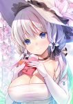  1girl at-yui azur_lane blue_eyes blush breasts cherry_blossoms choker cleavage closed_mouth dress elbow_gloves flower gloves hat heart-shaped_box highres illustrious_(azur_lane) large_breasts lily_(flower) long_hair looking_at_viewer mole mole_under_eye shiny shiny_hair shiny_skin smile sun_hat twintails valentine white_dress white_gloves white_hair white_hat 