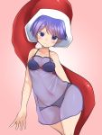  1girl :3 black_bra black_panties blue_eyes blue_hair blush bra commentary doku_corne doremy_sweet hat highres lingerie looking_at_viewer nightcap panties pink_background red_ribbon ribbon see-through smile touhou underwear wide_hips 