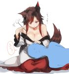  1boy 1girl animal_ears bare_shoulders breasts brown_hair cleavage collarbone commentary_request dress hand_up holding imaizumi_kagerou kasuka_(kusuki) lap_pillow large_breasts long_hair long_sleeves lying mimikaki off-shoulder_dress off_shoulder on_side parted_lips red_eyes seiza sidelocks simple_background sitting sweatdrop tail touhou translation_request very_long_hair white_background wide_sleeves wolf_ears wolf_tail 