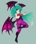  1girl absurdres ass bat_wings bridal_gauntlets demon_girl eyebrows_visible_through_hair green_background green_eyes green_hair head_wings highres long_hair looking_back morrigan_aensland pantyhose print_legwear simple_background slugbox smile solo succubus vampire_(game) wings 