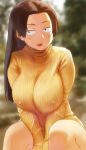  1girl :3 :d between_legs black_eyes black_hair blurry blush breasts constricted_pupils depth_of_field erect_nipples eyebrows facing_away hand_between_legs large_breasts long_hair looking_away narisokonai_(mmmikedaya) open_mouth original ribbed_sweater sitting smile solo straight_hair sweater turtleneck turtleneck_sweater v_arms yellow_sweater 