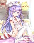  1girl azur_lane bangs bed blush breasts bun_cover china_dress chinese_clothes cleavage closed_mouth commentary_request double_bun dress eyebrows_visible_through_hair fingernails hair_between_eyes highres indoors keiran_(ryo170) long_hair on_bed on_head pelvic_curtain pillow purple_hair short_sleeves side_bun sitting sitting_on_bed small_breasts smile solo stuffed_animal stuffed_bird stuffed_pegasus stuffed_toy stuffed_unicorn teddy_bear thigh-highs unicorn_(azur_lane) very_long_hair violet_eyes white_dress white_legwear 