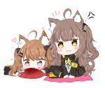 2girls ahoge anger_vein animal animal_ears arm_support armband bailingxiao_jiu bangs black_bow black_jacket black_legwear blush bow brown_eyes brown_hair cat_ears cat_girl cat_tail commentary_request eyebrows_visible_through_hair fang fish girls_frontline hair_between_eyes hair_bow hair_ornament hairclip head_tilt heart highres jacket kemonomimi_mode long_hair long_sleeves looking_at_viewer lying multiple_girls on_stomach one_side_up open_clothes open_jacket pantyhose parted_lips scar scar_across_eye shirt sitting tail twintails ump45_(girls_frontline) ump9_(girls_frontline) very_long_hair violet_eyes wavy_mouth white_background white_shirt zabuton 