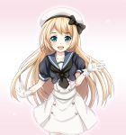  1girl :d blonde_hair blue_eyes blue_sailor_collar buttons dress gloves hat jervis_(kantai_collection) kantai_collection long_hair open_mouth pink_background sailor_collar sailor_dress short_sleeves smile solo tk8d32 white_gloves white_hat 