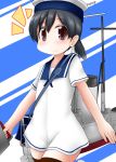  1girl black_hair brown_eyes dress hat hiburi_(kantai_collection) kantai_collection long_hair looking_at_viewer low_ponytail machinery ouno_(nounai_disintegration) sailor_dress sailor_hat short_ponytail smokestack solo striped striped_background white_hat 