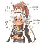 brown_eyes chibi dark_skin fingerless_gloves glasses gloves hair_between_eyes jacket kantai_collection light_brown_hair love) lowres musashi_(kantai_collection) on_head rebecca_(keinelove) remodel_(kantai_collection) short_hair_with_long_locks sitting sitting_on_person sparkle tall translation_request twintails two_side_up yamato_(kantai_collection) 