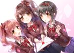  3girls :d black_hair blue_skirt blush bow bowtie brown_hair brown_jacket dutch_angle green_hair grey_shirt hairband idolmaster idolmaster_cinderella_girls idolmaster_cinderella_girls_starlight_stage igarashi_kyouko jacket kohinata_miho letter looking_at_viewer love_letter love_letter_(idolmaster) miniskirt multiple_girls open_clothes open_mouth open_shirt petals pink_check_school pleated_skirt red_hairband red_neckwear sakura_ran school_uniform shimamura_uzuki shirt short_hair side_ponytail skirt smile yellow_eyes 