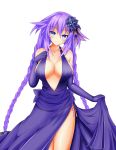  1girl absurdres bare_shoulders blue_eyes blush braid breasts commentary_request dress dress_pull elbow_gloves flower gloves hair_flower hair_ornament highres kyou large_breasts long_hair looking_at_viewer neptune_(series) power_symbol purple_dress purple_gloves purple_hair purple_heart side_slit simple_background smile solo string_panties symbol-shaped_pupils twin_braids twintails very_long_hair white_background 